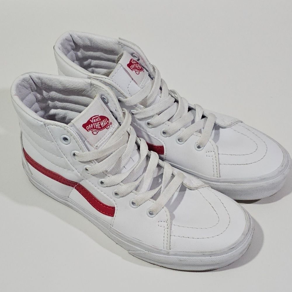 Vans Old Skool Sk8 High Top Kid Junior's Size 4.5 Leather Sneakers White Red